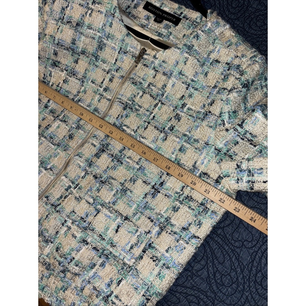 NWT Boston Proper XL Tweed Zip Bomber Lady Jacket Blue Green Cream Pockets - Picture 13 of 16